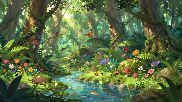 Visual representation of "biota" - the plants, animals, and other living things that are found in a particular place.