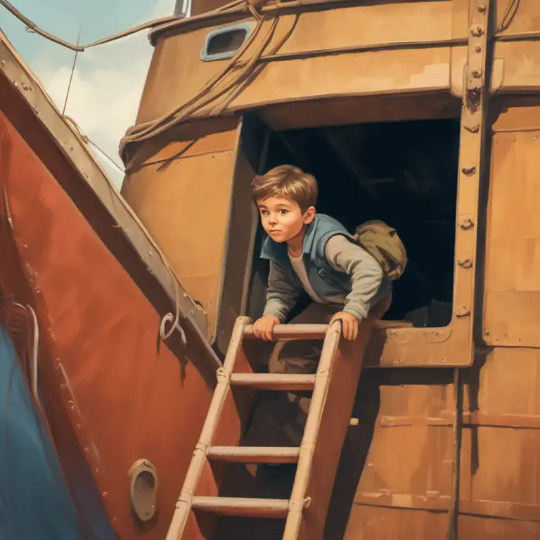 Visual representation of "stow away" - To secretly hide on a vehicle (like a ship or airplane) to travel without permission or without paying.