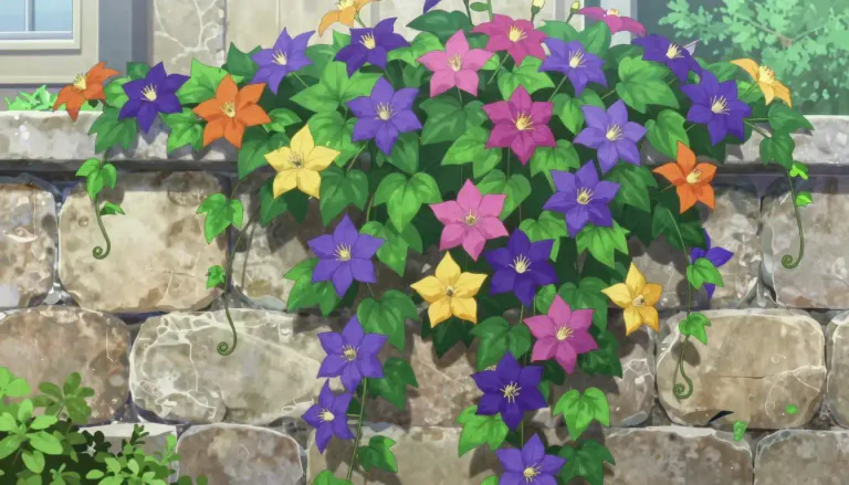 Visual representation of "clematis" - A type of plant with bright, colourful flowers that grow on vines.