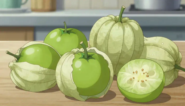 Visual representation of "tomatillo" - A tomatillo is a small round green fruit that is covered in a papery husk, commonly used in Mexican dishes.