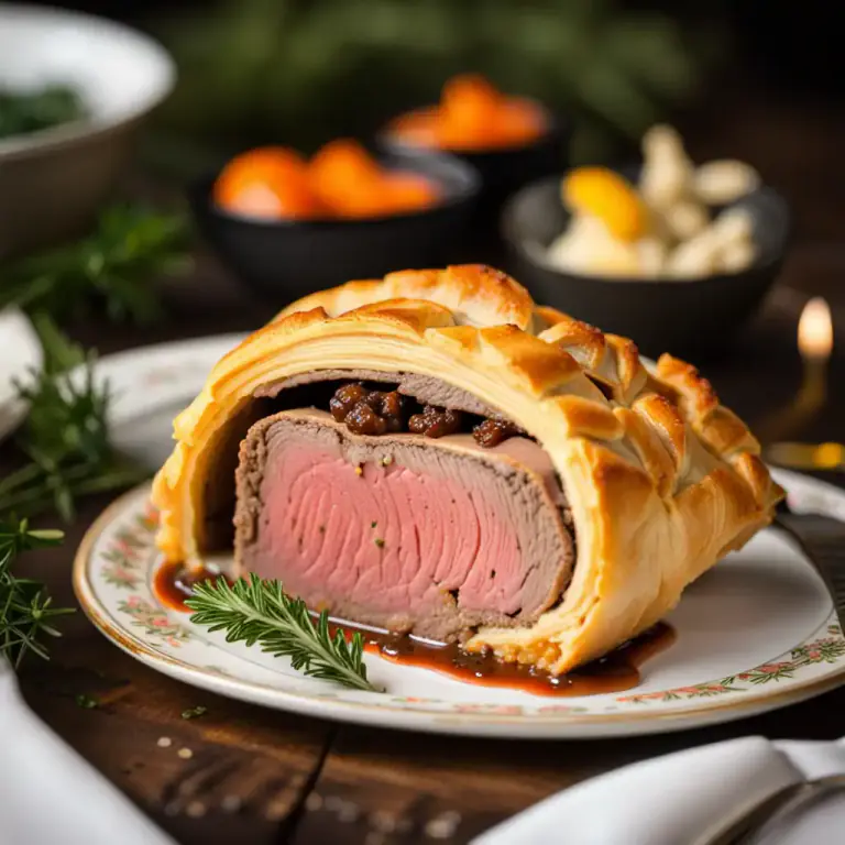 Visual representation of "wellington" - A dish made of beef coated with pâté and duxelles, which is then wrapped in puff pastry and baked.