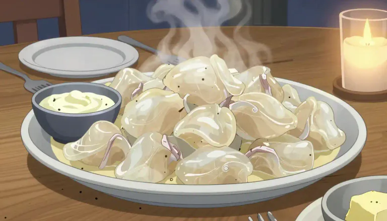 Visual representation of "lutefisk" - A traditional Nordic dish made from dried fish that has been soaked in a lye solution before being rehydrated, typically served with sauces during festive occasions.