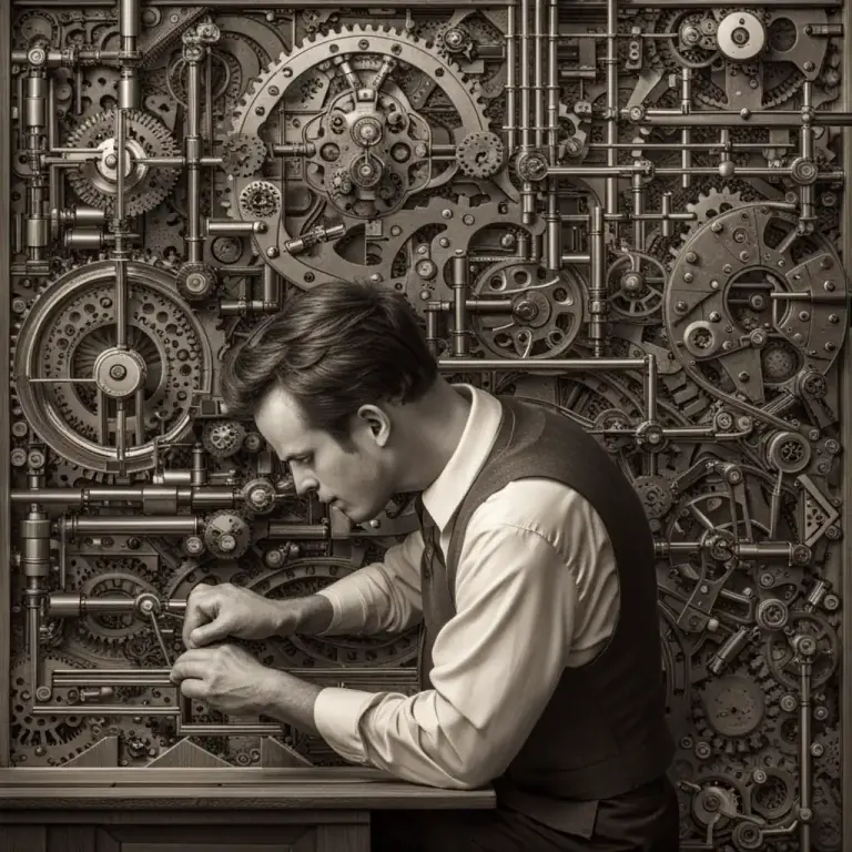 Visual representation of "Rube Goldberg" - Pertaining to or reminiscent of a type of device or machine that is unnecessarily complicated in design or function.