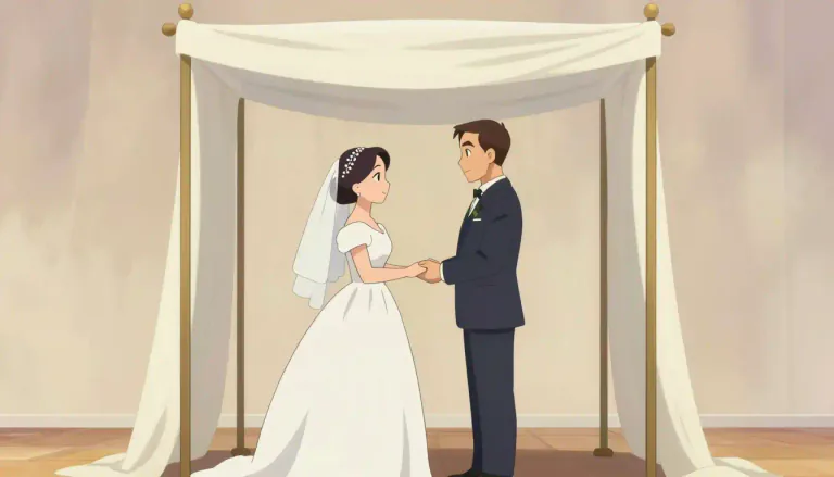 Visual representation of "chuppah" - A chuppah is a canopy used in Jewish wedding ceremonies, under which the bride and groom stand.