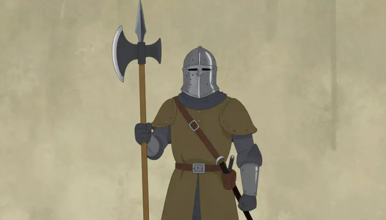 Visual representation of "halberd" - A weapon with a pointed blade and a hook, used in the past by foot soldiers