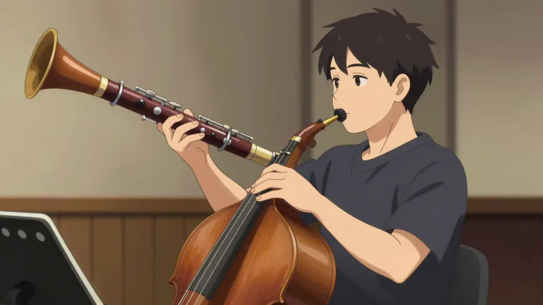 Visual representation of "bassoon" - A large woodwind instrument that you play by blowing into a long tube and pressing keys to produce low notes.