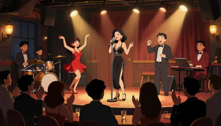 Visual representation of "cabaret" - A form of entertainment featuring music, song, dance, and comedy.