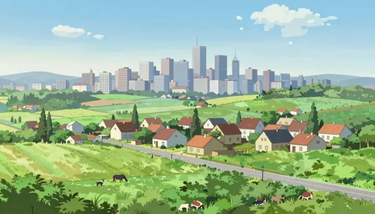 Visual representation of "nonmetropolitan" - Relating to areas outside of metropolitan regions, usually marked by rural landscapes and smaller communities.