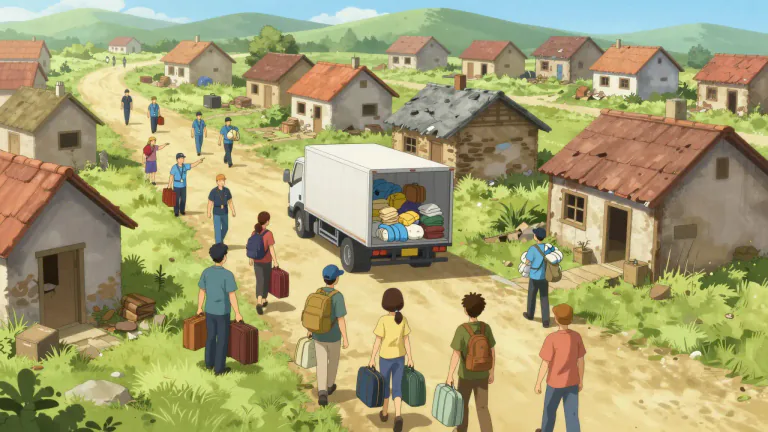 Visual representation of "resettle" - To move people to a new place to live after they have had to leave their old one.