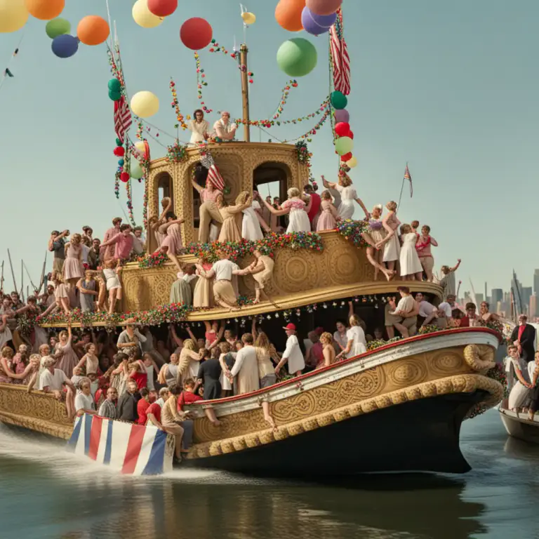 Visual representation of "barge" - A type of large, decorated boat used for parties or events.