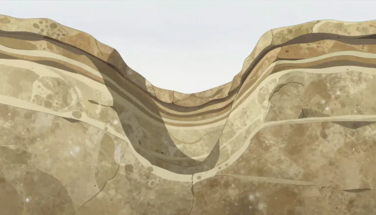 Visual representation of "syncline" - A fold in rock layers that is shaped like a U or a V turned upside down with the oldest rocks on the outside of the fold.