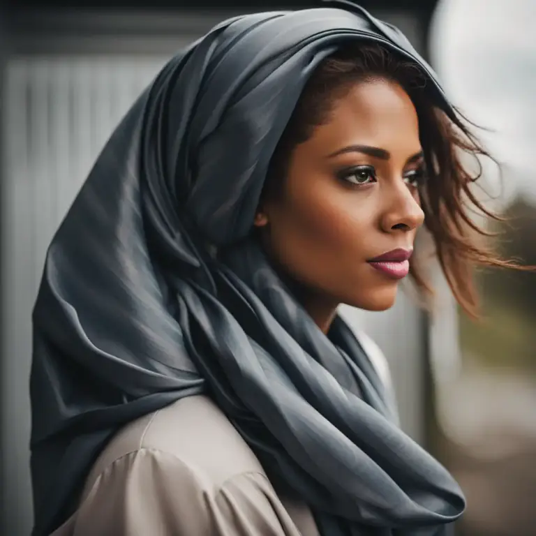 Visual representation of "headscarf" - A piece of fabric that is worn around the head to protect the hair from dust, dirt or wind.