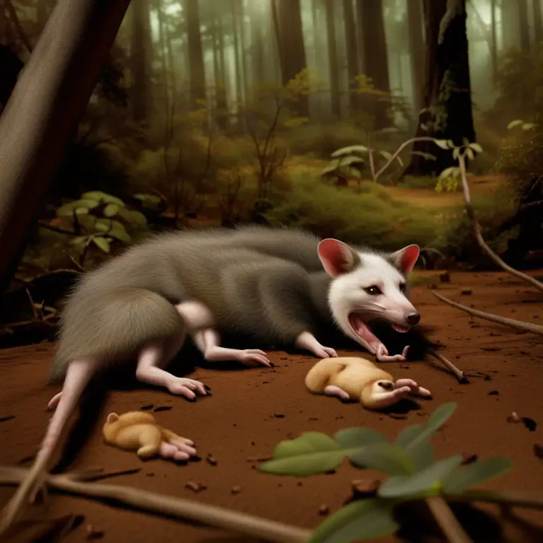 Visual representation of "play possum" - In animals, to pretend to be dead, as a defense mechanism.