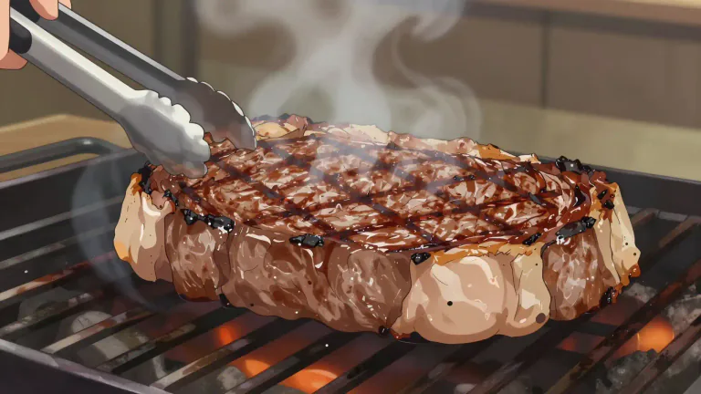 Visual representation of "steak" - A thick piece of meat, usually beef, that is cooked by grilling or frying.