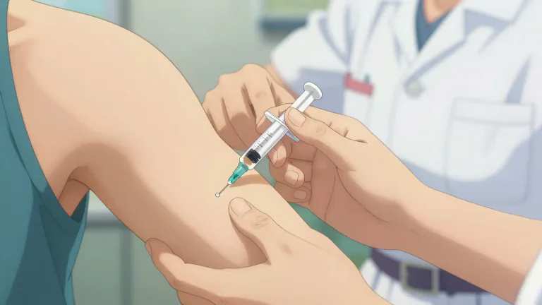 Visual representation of "inject" - To put a liquid, especially a drug, into a person's body using a needle and a syringe