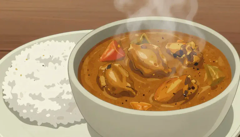 Visual representation of "curry" - A spicy dish made of vegetables or meat in an Indian style sauce often served with rice