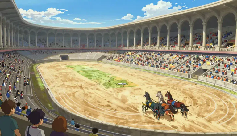 Visual representation of "hippodrome" - A large, open-air stadium, especially one used for horse or chariot racing in ancient Greece or Rome