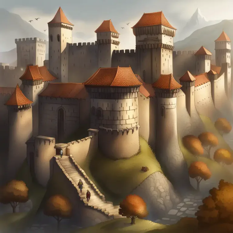 Visual representation of "fortification" - A defensive wall or other construction built as a protection against attack.