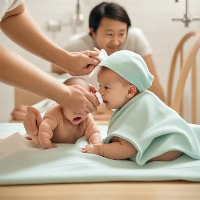 Visual representation of "top and tail something" - Give a baby a quick wash focusing only on the face and bottom areas