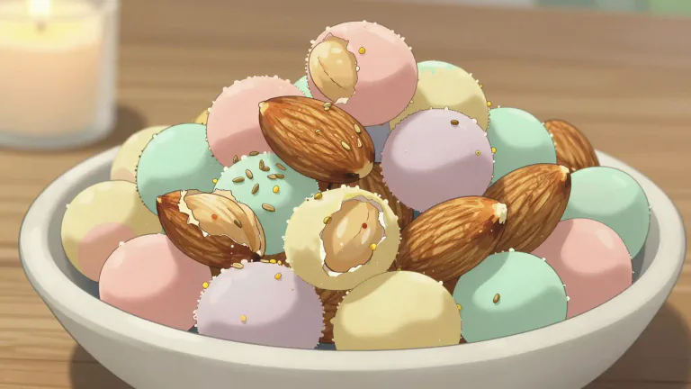 Visual representation of "comfit" - A sweet snack made by coating a nut, seed, or piece of spice in sugar.