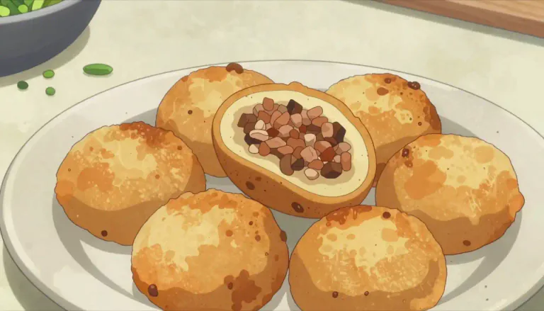 Visual representation of "rissole" - A small round or oval cake made of minced food, usually fried or baked.