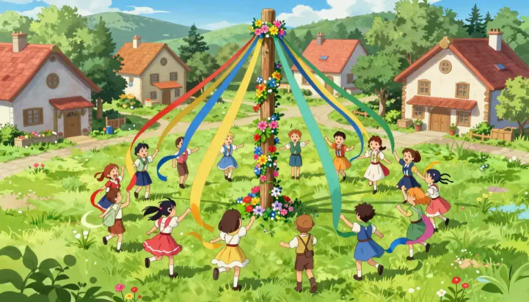 Visual representation of "maypole" - A tall pole decorated with flowers, ribbons, etc, and danced around on May Day as part of an English tradition