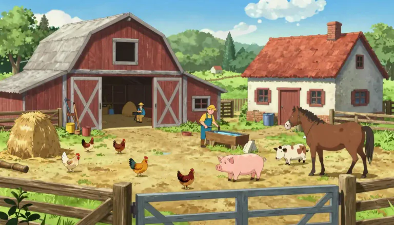 Visual representation of "farmyard" - The area surrounding or attached to a farm where animals are kept and farm activities happen