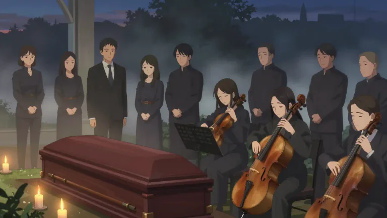 Visual representation of "dirge" - A song or piece of music that people sing or play to express sadness, especially at a funeral.