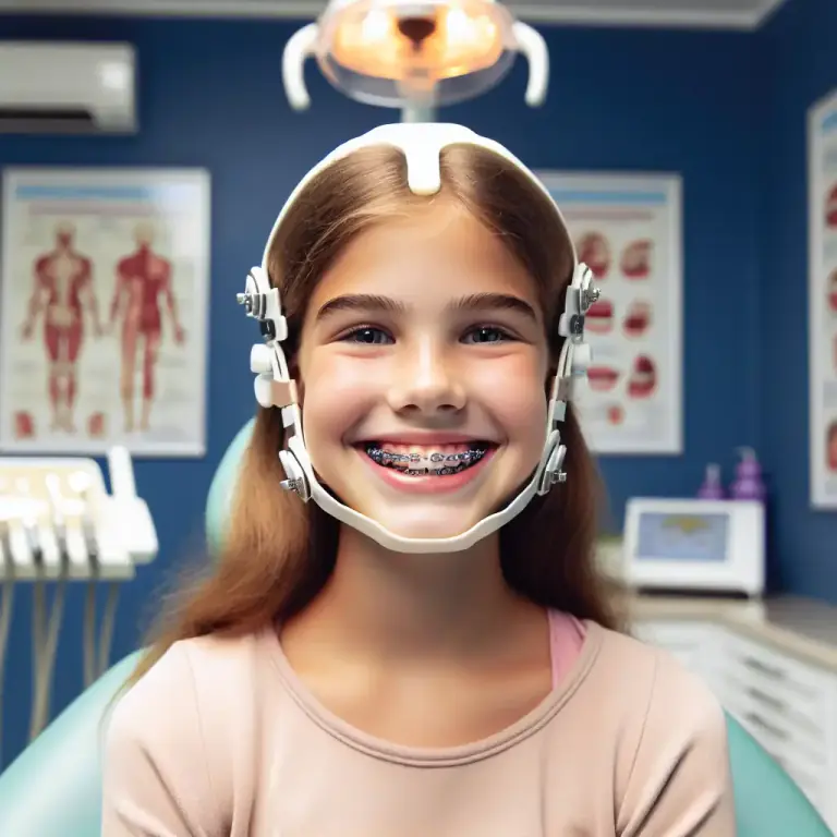 Visual representation of "headgear" - a device worn on the head to correct or maintain certain positions of the teeth and jaws