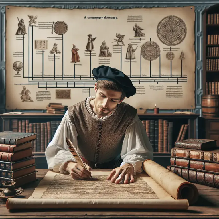 Visual representation of "etymology" - The origin and historical development of a linguistic form as shown by determining its basic elements, earliest known use and changes in form and meaning.