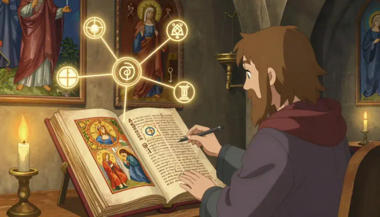 Visual representation of "iconography" - The study of images, symbols, and artworks