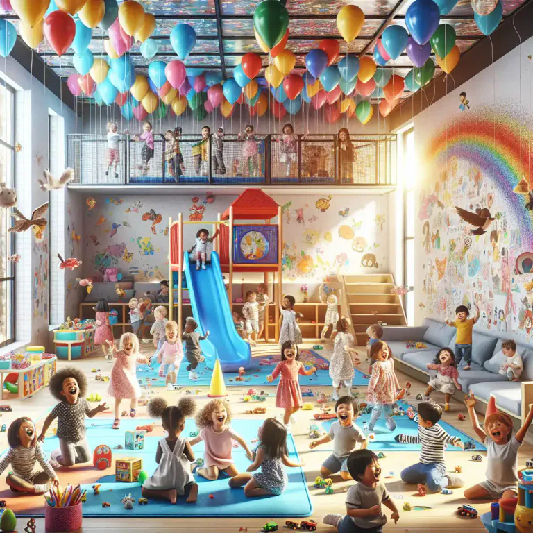 Visual representation of "rumpus" - A playful environment full of noise and activities, usually involving children.