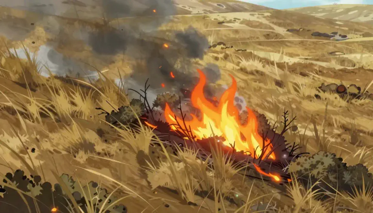 Visual representation of "brushfire" - A small fire that burns in bushes or dry grass, often causing damage if not controlled.