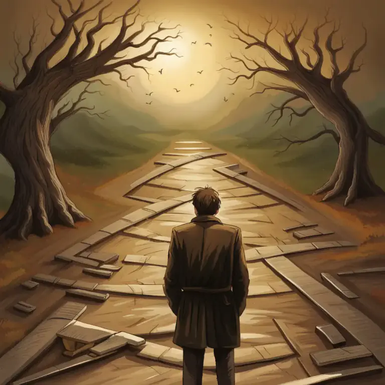 Visual representation of "crux" - A certain point in a story or an event where the main character encounters an important challenge or difficulty.