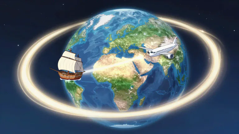 Visual representation of "circumnavigate" - To travel completely around something, especially by ship or airplane