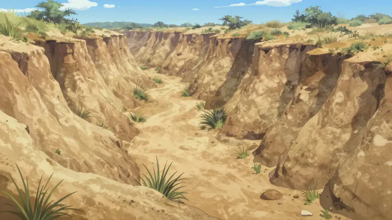 Visual representation of "donga" - A dry, eroded, and usually sandy gulch or ravine in Southern Africa.