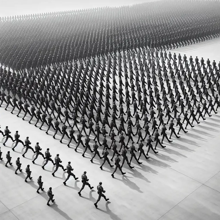 Visual representation of "goose-step" - The act of walking with stiff, straight legs and high steps, usually used in military parades