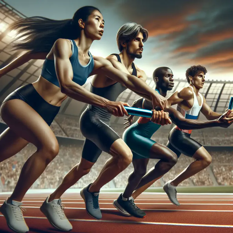 Visual representation of "changeover" - In sports, it's the point in a race when a participant passes on the task to the next member of a team, especially in a relay race.