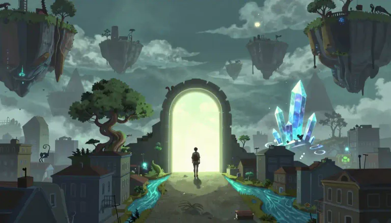 Visual representation of "otherworld" - A fictional or imaginative space that contrasts with the real world, often depicted in stories as full of wonders or dangers.