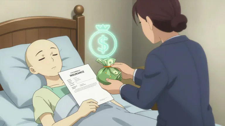Visual representation of "viatical" - Relating to a viatical settlement, which is a financial arrangement wherein a person sells their life insurance policy for a cash payout while still alive, typically at a reduced value.