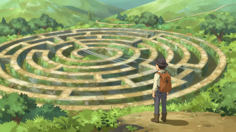 Visual representation of "circuitous" - Not straight, short, or direct. An indirect or roundabout way.
