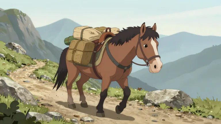 Visual representation of "packhorse" - A horse used for carrying loads or goods, especially in difficult terrains.