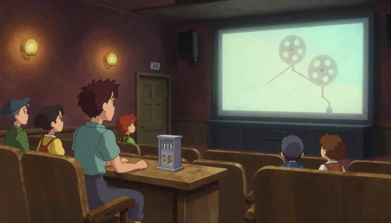 Visual representation of "nickelodeon" - A type of inexpensive movie theater, popular in the early 1900s, where customers paid a nickel to watch short films.
