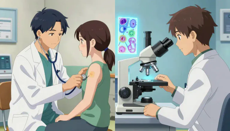 Visual representation of "clinicopathologic" - Relating to the clinical (symptoms and signs) and pathological (tissue changes) aspects of a disease.