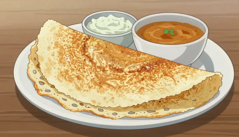 Visual representation of "dosa" - A thin, crispy pancake made from fermented rice and lentil batter, often served with various sides.