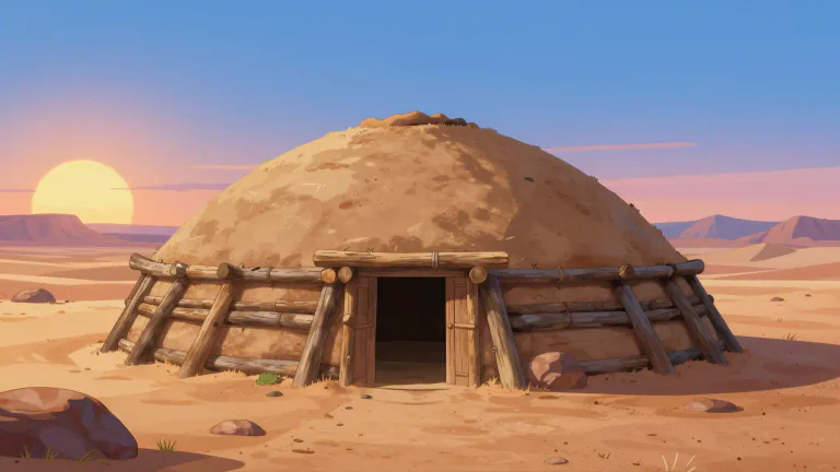 Visual representation of "hogan" - A traditional Navajo dwelling, typically round or polygonal, made from logs, sticks, and mud.