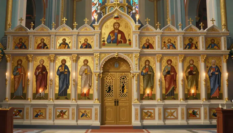 Visual representation of "iconostasis" - A screen or partition in Eastern Orthodox churches that contains icons and separates the sanctuary from the congregation.