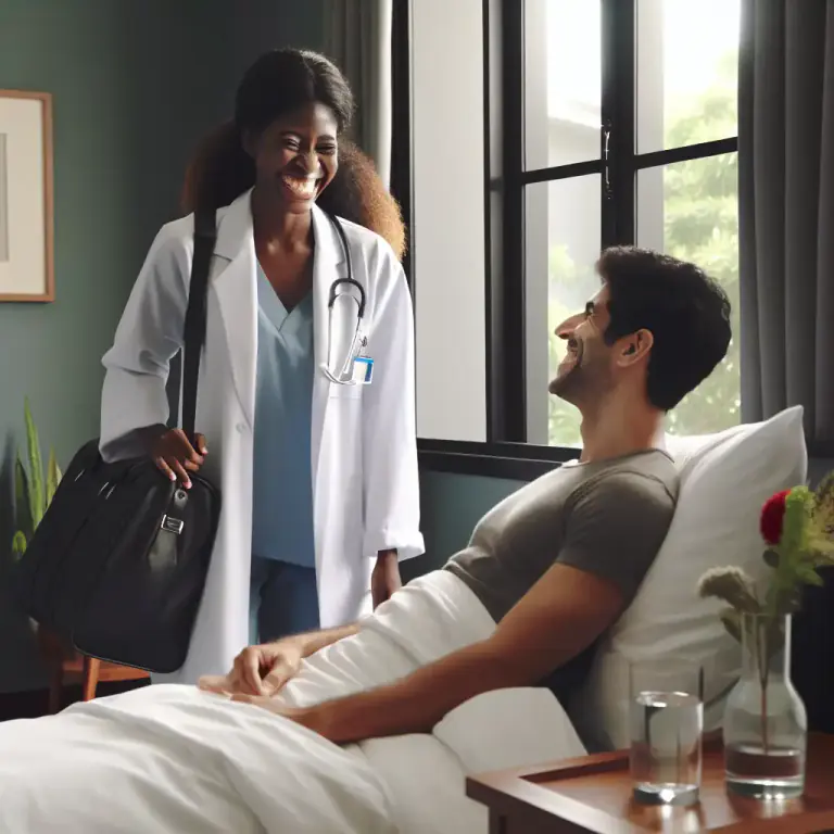 Visual representation of "visit" - To go to see and check the condition of something or someone.