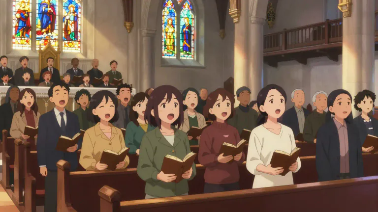 Visual representation of "hymnody" - The body of hymns or songs of praise typically used in Christian worship.