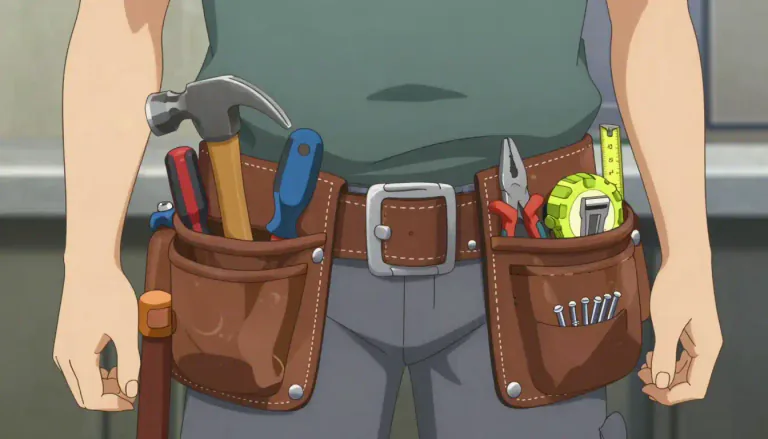 Visual representation of "toolbelt" - A belt worn around the waist that carries tools within easy reach.